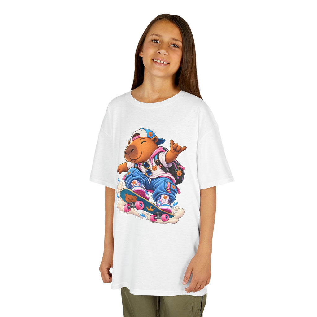 Kids Skateboarding Capybara Tee — Cute Skateboarder Graphic T-Shirt for Boys & Girls