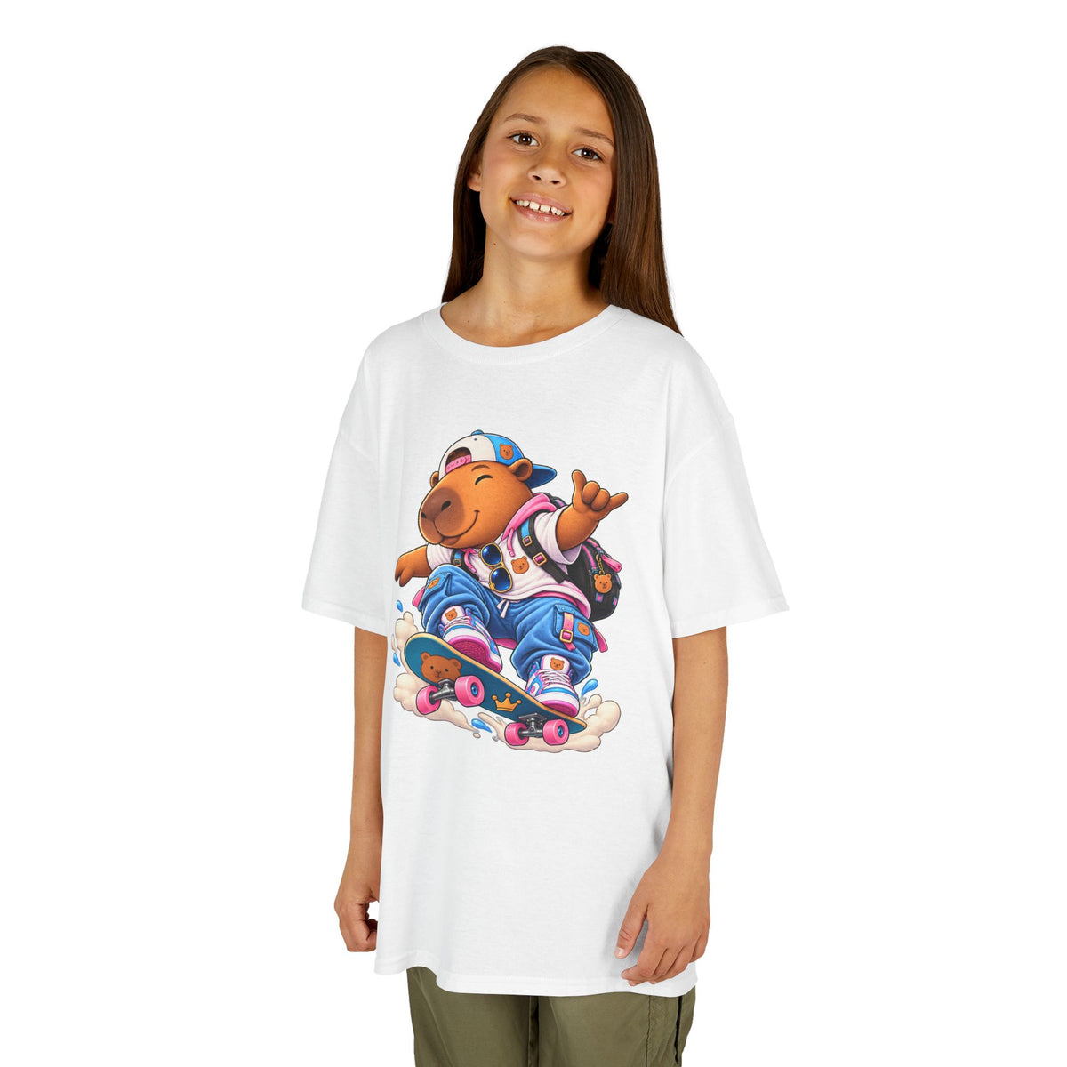 Kids Skateboarding Capybara Tee — Cute Skateboarder Graphic T-Shirt for Boys & Girls