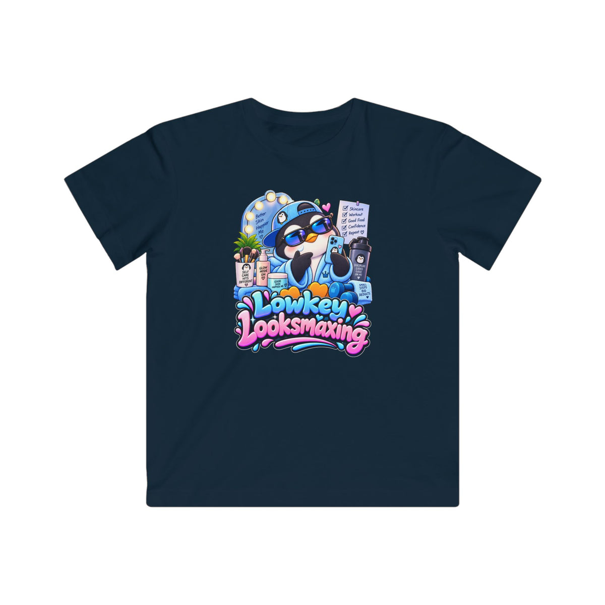 Kids Tee — "Lowkey Looksmaxing" Cute Cartoon Penguin Graphic
