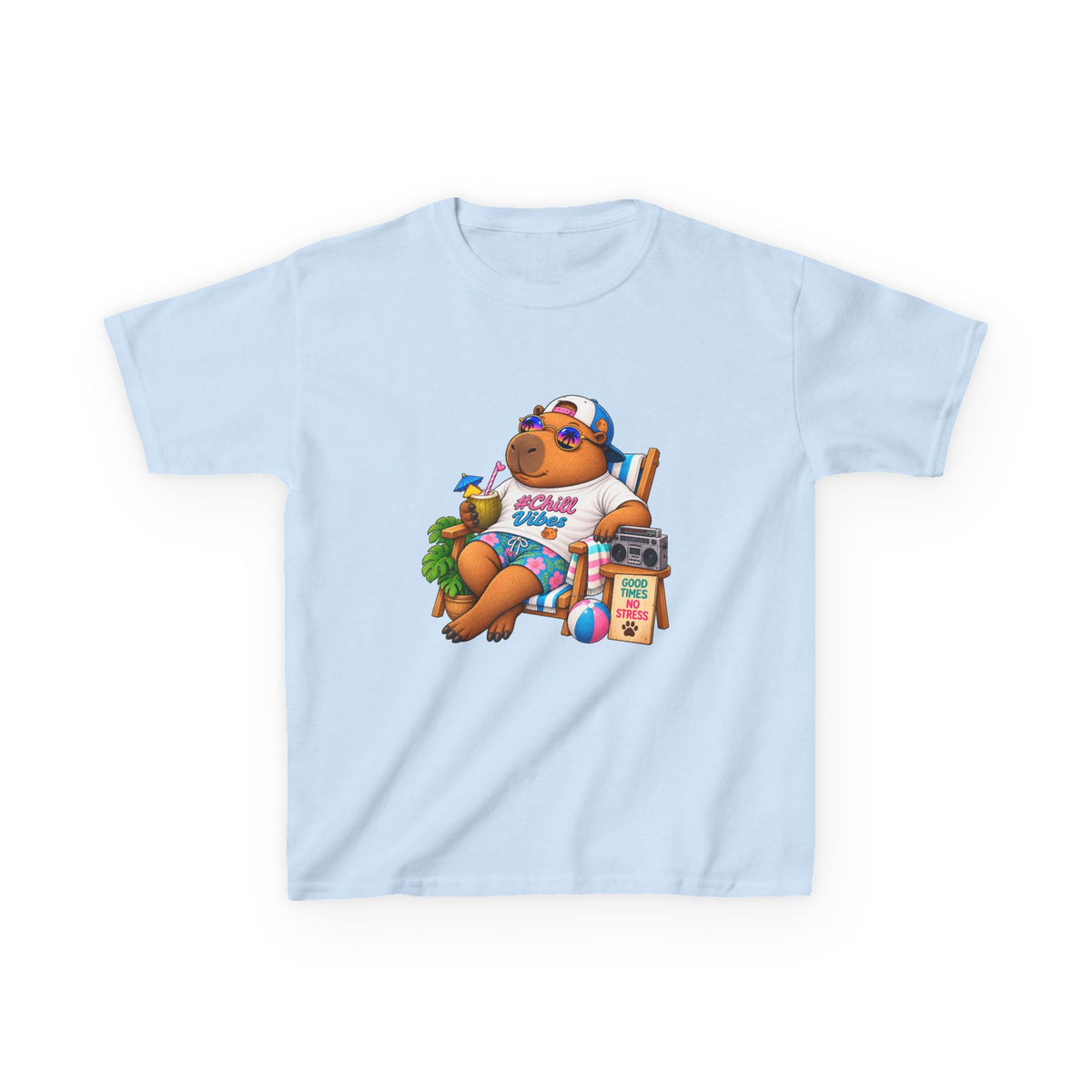 Kids Beach Chill Vibes Capybara Graphic Tee — Relaxing Vacation Cartoon Kid Shirt