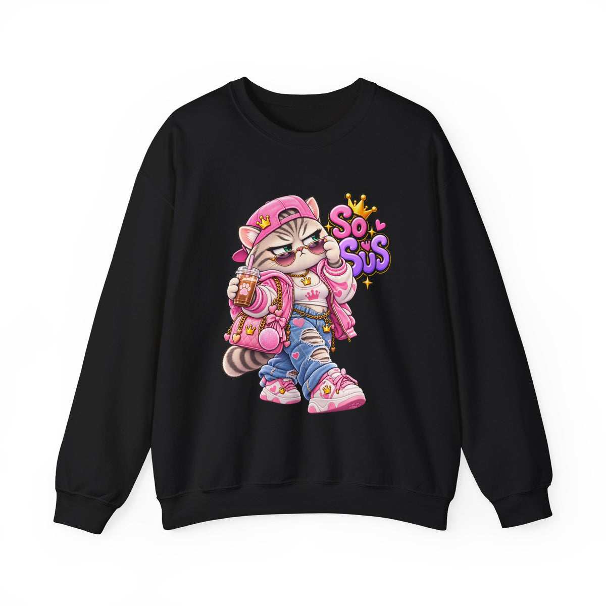 Cute Streetwear Cat Crewneck Sweatshirt — "So Sus" Graphic