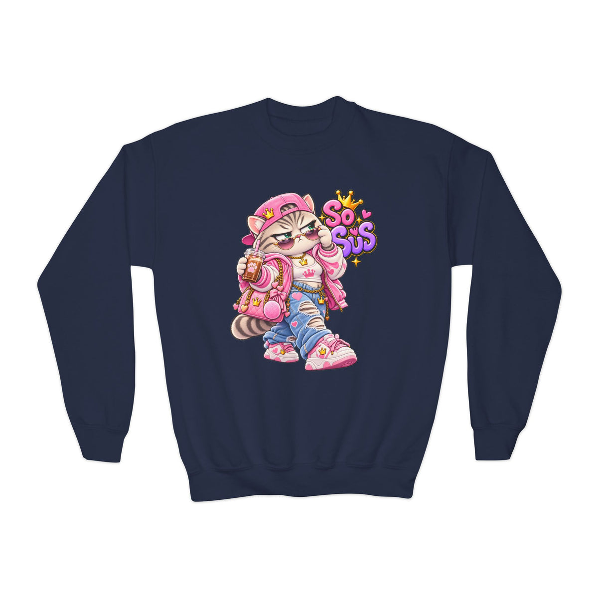 Youth Crewneck Sweatshirt — Cute Cat 'So Sus' Streetwear Graphic