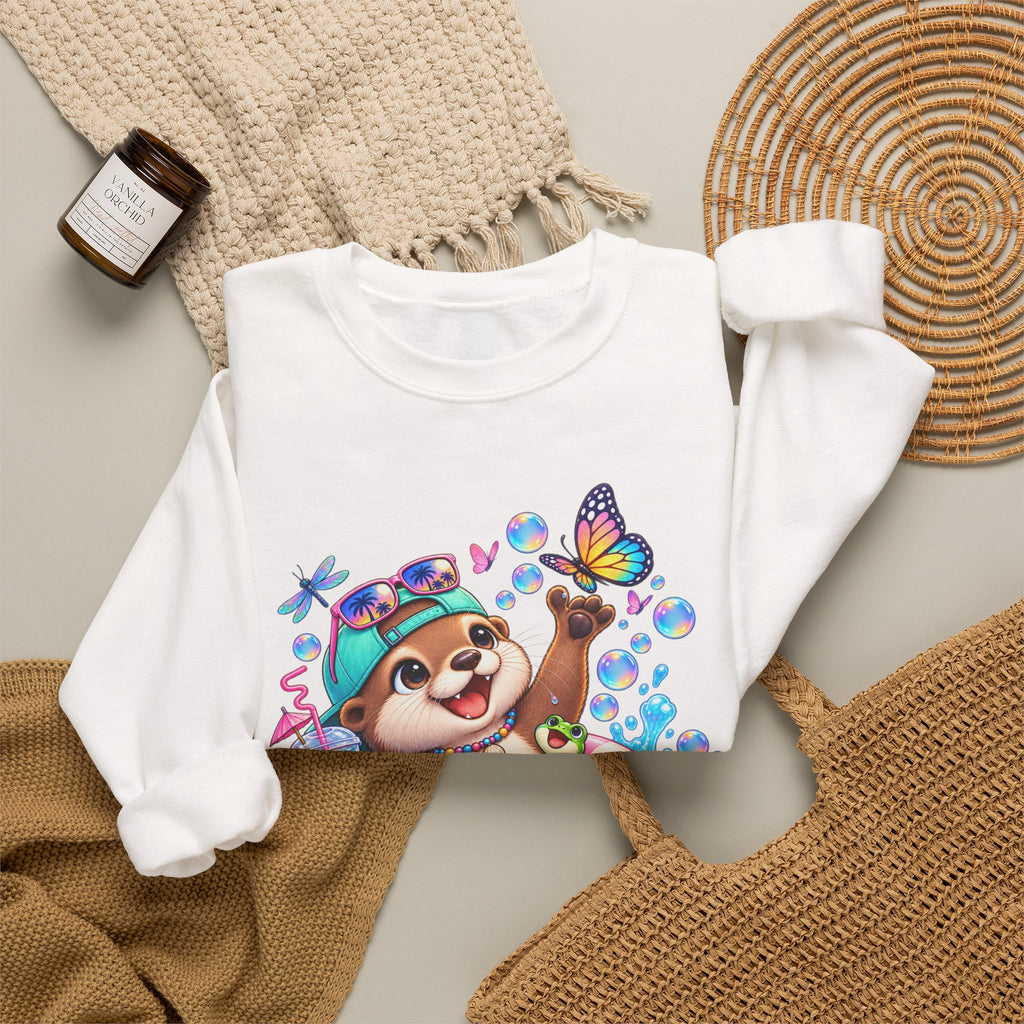 Otter Float Crewneck Sweatshirt — Cute Otter with Butterfly Summer Vibes