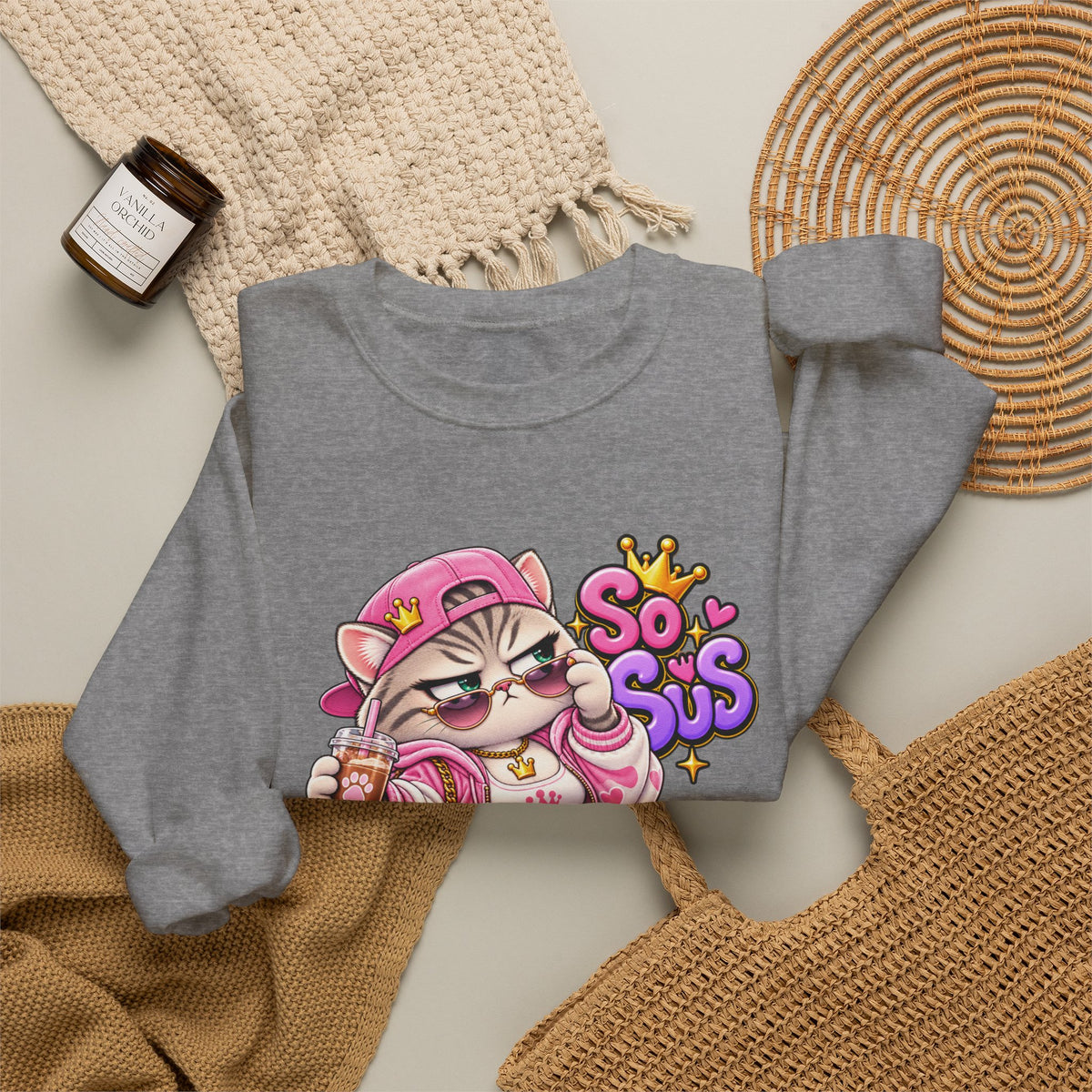 Cute Streetwear Cat Crewneck Sweatshirt — "So Sus" Graphic
