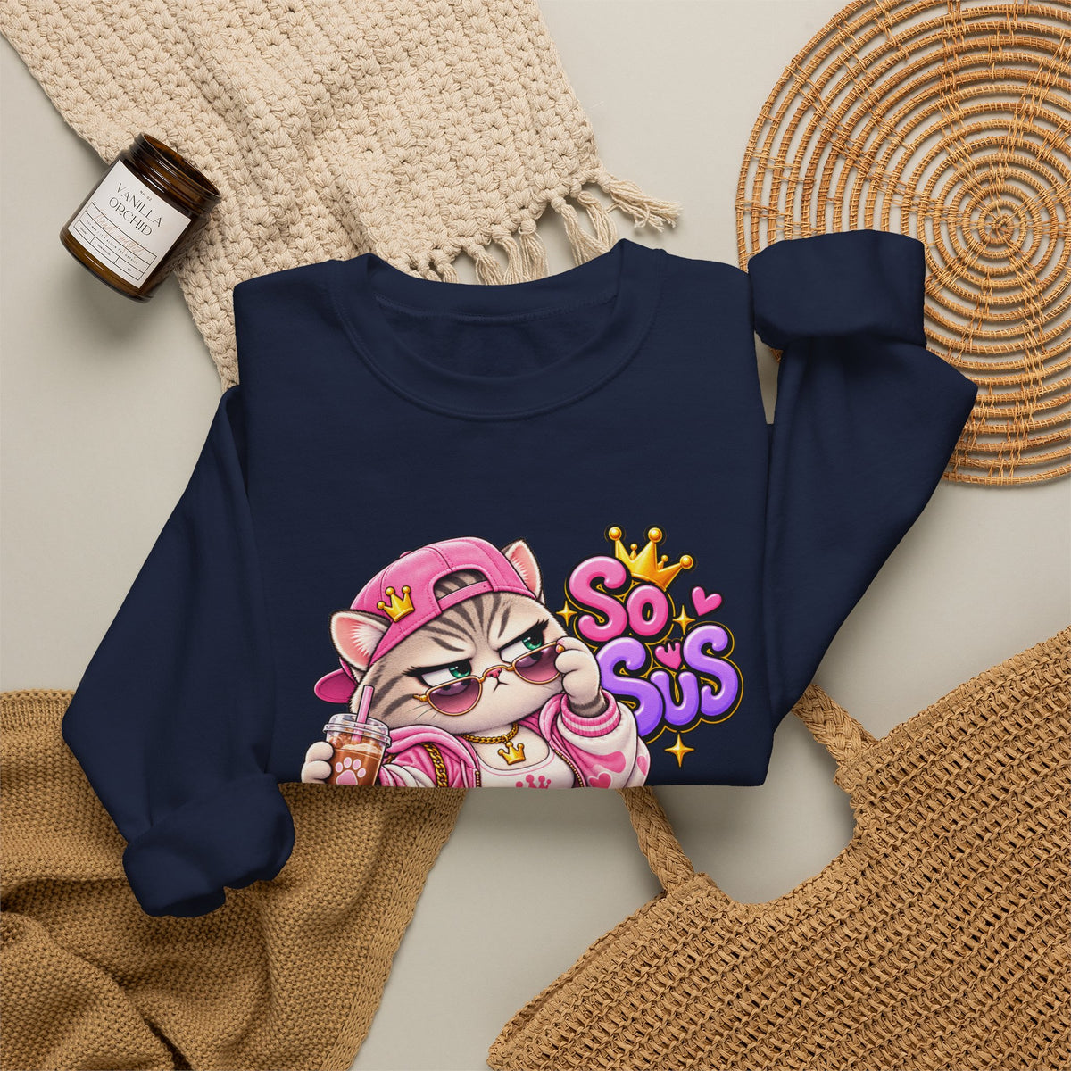 Cute Streetwear Cat Crewneck Sweatshirt — "So Sus" Graphic