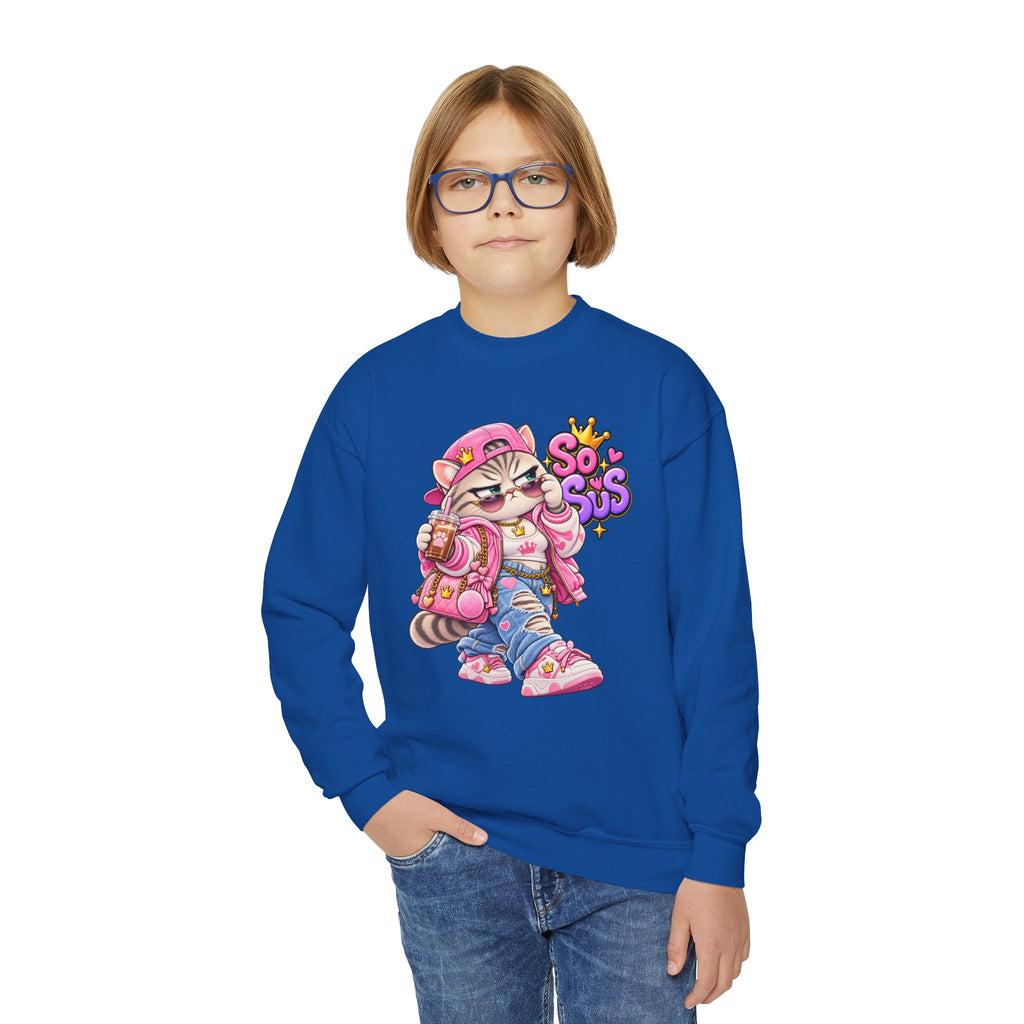 Youth Crewneck Sweatshirt — Cute Cat 'So Sus' Streetwear Graphic