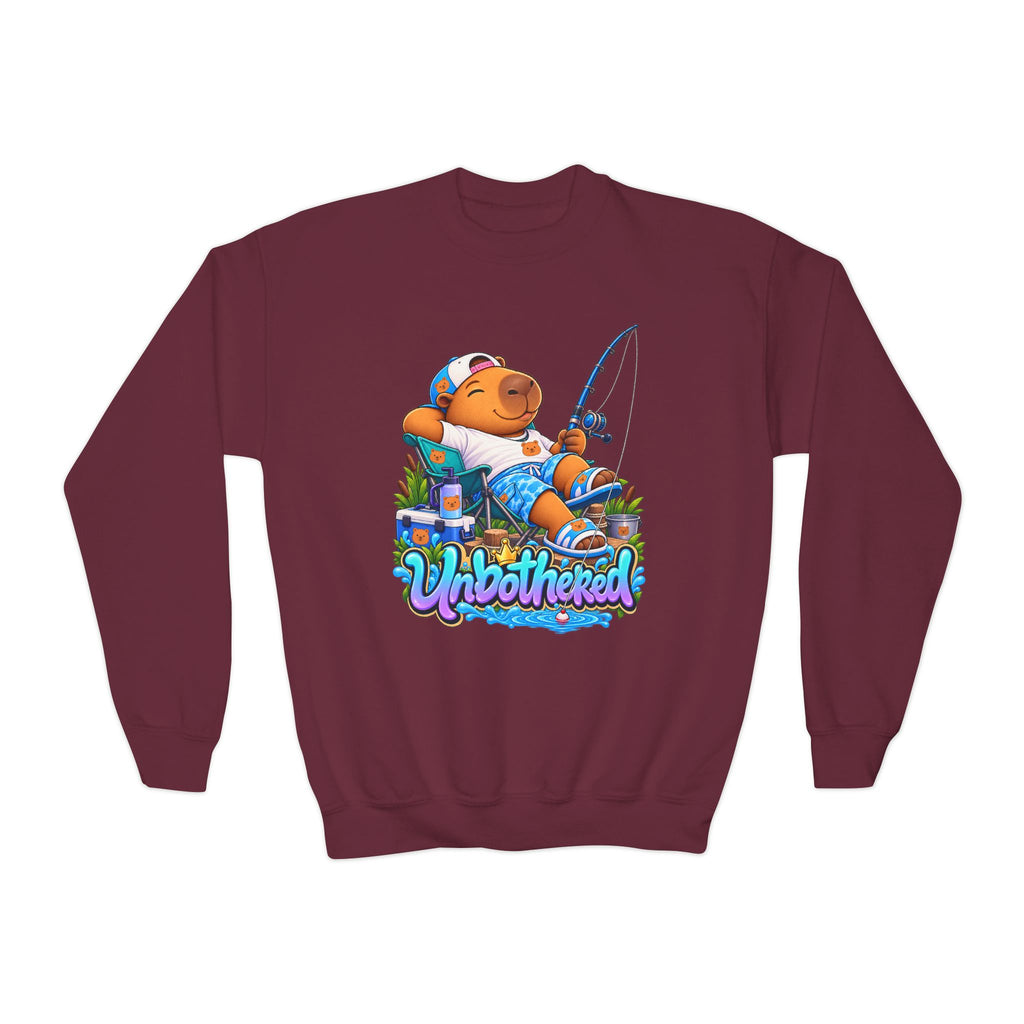 Youth Unbothered Fishing Capybara Crewneck Sweatshirt — "Whoothered" Cute Kids Fishing Graphic