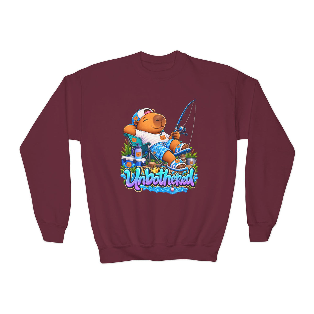 Youth Unbothered Fishing Capybara Crewneck Sweatshirt — "Whoothered" Cute Kids Fishing Graphic