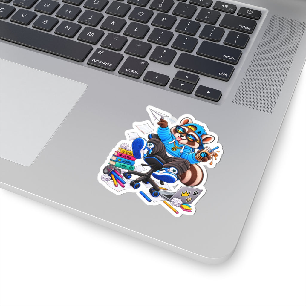 Cool Raccoon Sticker — Skate Office Gamer with Boba & Laptop