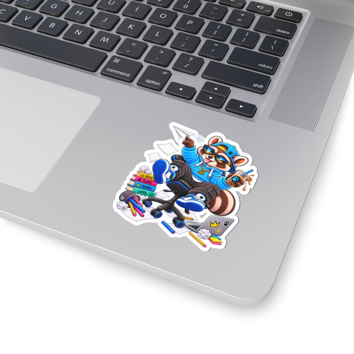 Cool Raccoon Sticker — Skate Office Gamer with Boba & Laptop