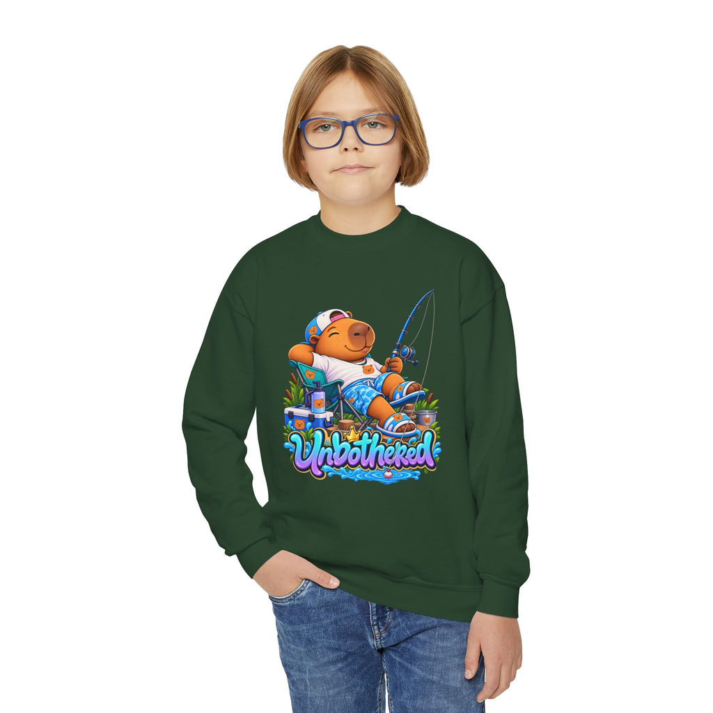 Youth Unbothered Fishing Capybara Crewneck Sweatshirt — "Whoothered" Cute Kids Fishing Graphic
