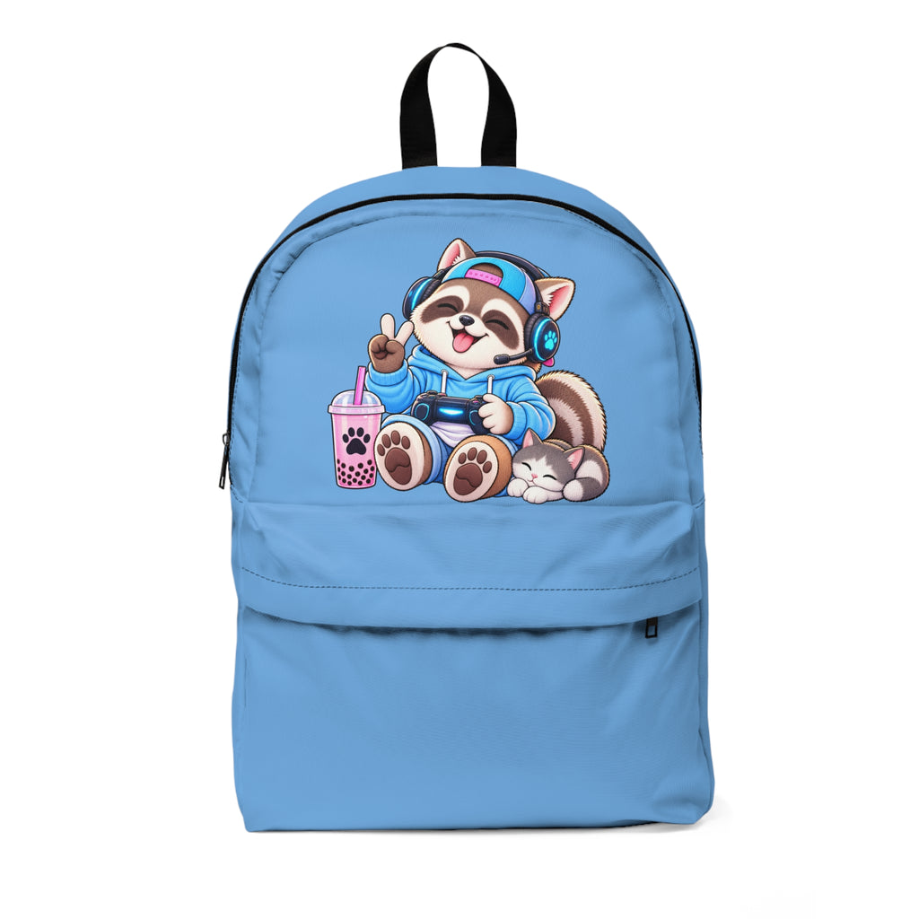 Cute Raccoon Gamer Backpack — Bubble Tea, Headphones & Controller Design