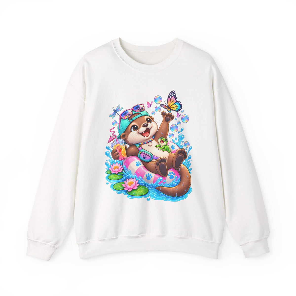 Otter Float Crewneck Sweatshirt — Cute Otter with Butterfly Summer Vibes