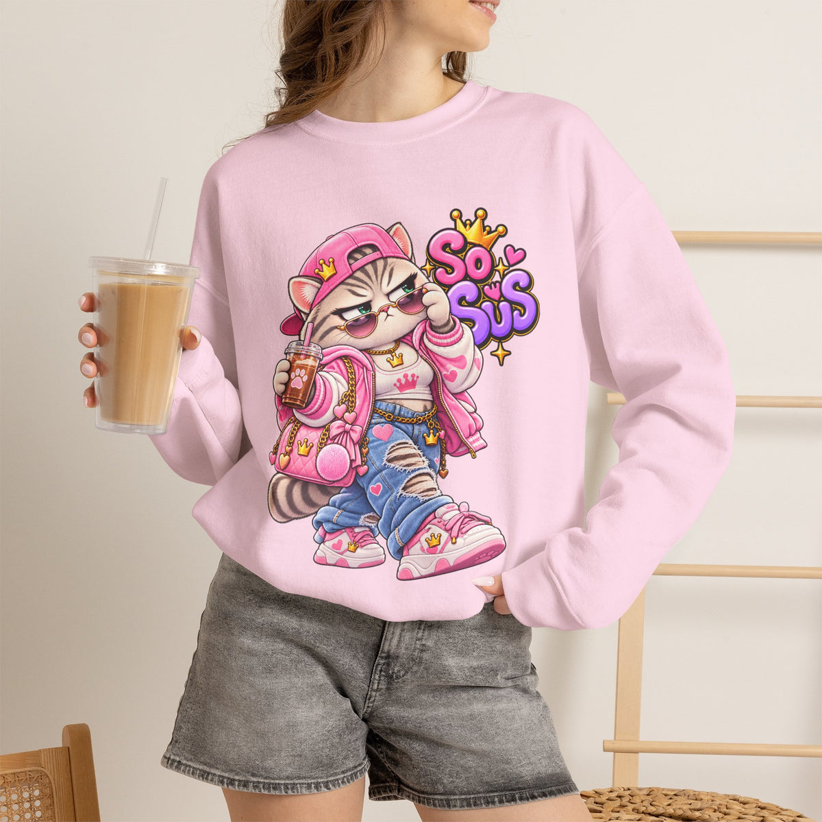 Cute Streetwear Cat Crewneck Sweatshirt — "So Sus" Graphic