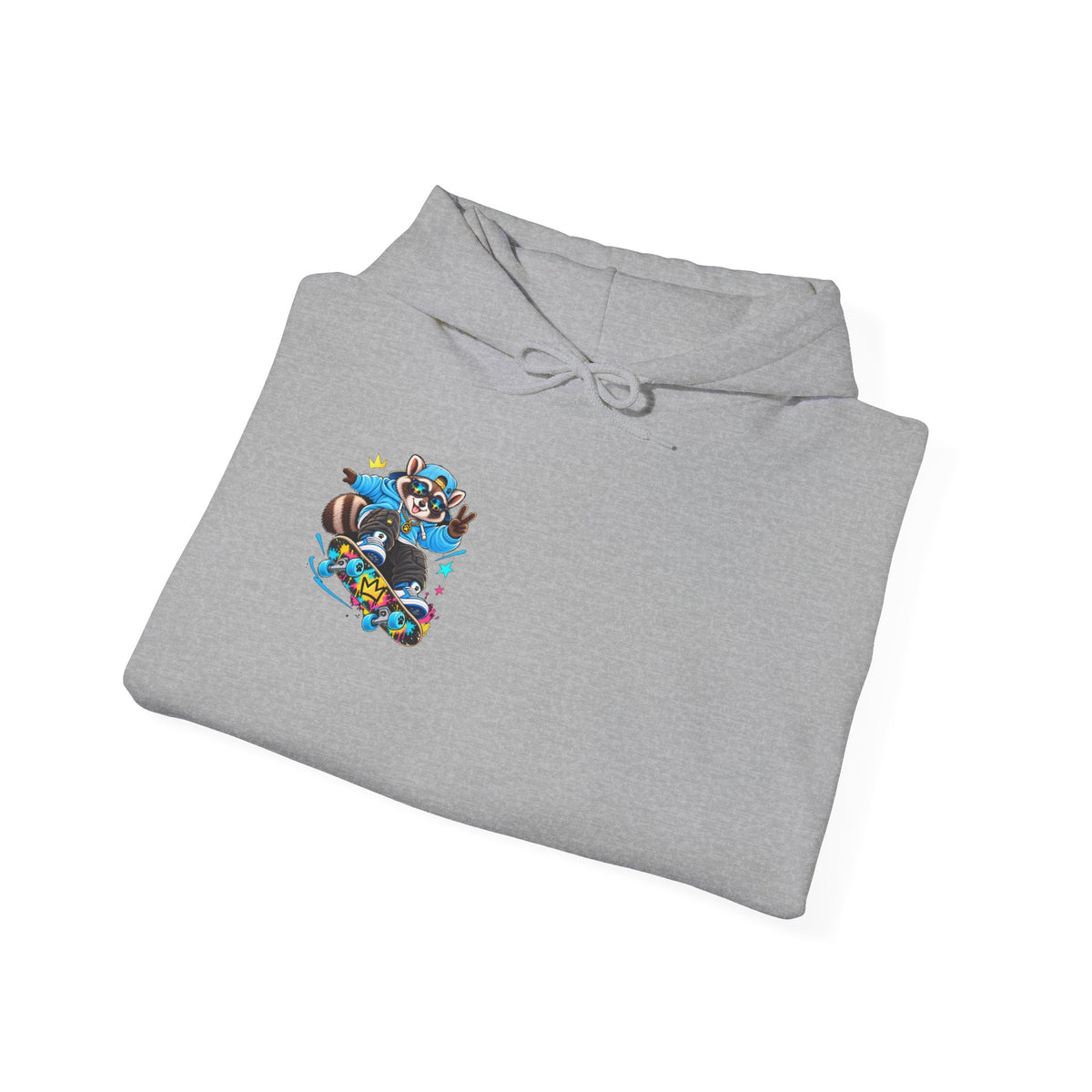 Skateboard Raccoon- Patch Hoodie — Colorful Marine Life Graphic