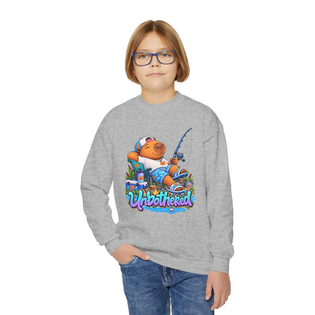 Youth Unbothered Fishing Capybara Crewneck Sweatshirt — "Whoothered" Cute Kids Fishing Graphic