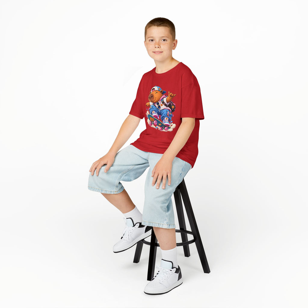 Kids Skateboarding Capybara Tee — Cute Skateboarder Graphic T-Shirt for Boys & Girls