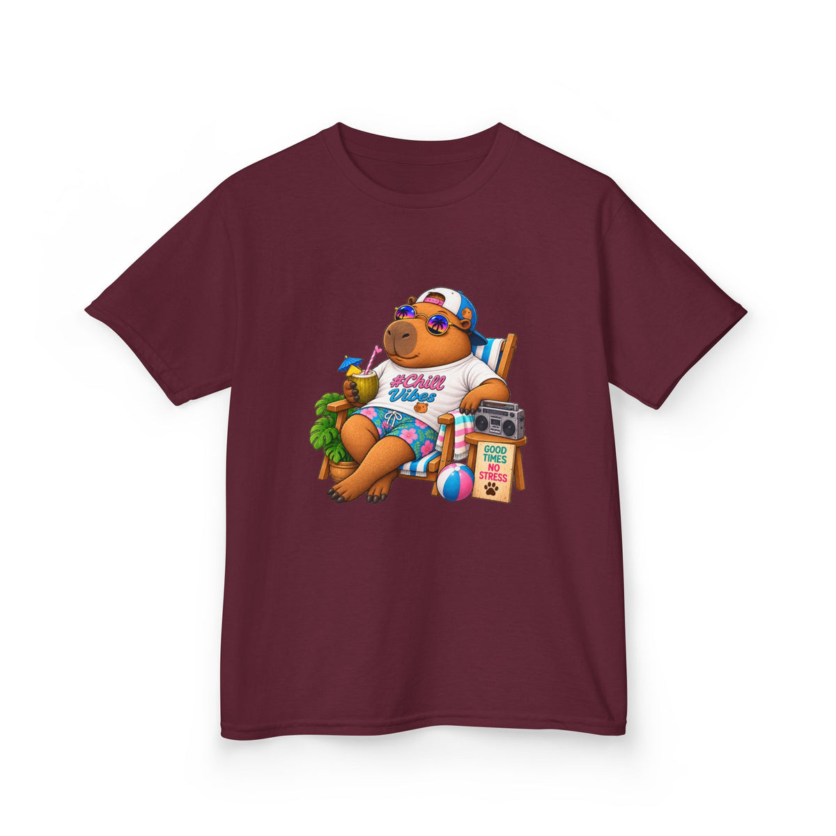 Kids Beach Chill Vibes Capybara Graphic Tee — Relaxing Vacation Cartoon Kid Shirt