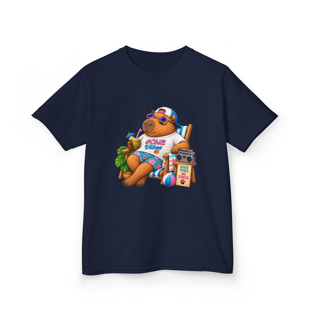 Kids Beach Chill Vibes Capybara Graphic Tee — Relaxing Vacation Cartoon Kid Shirt