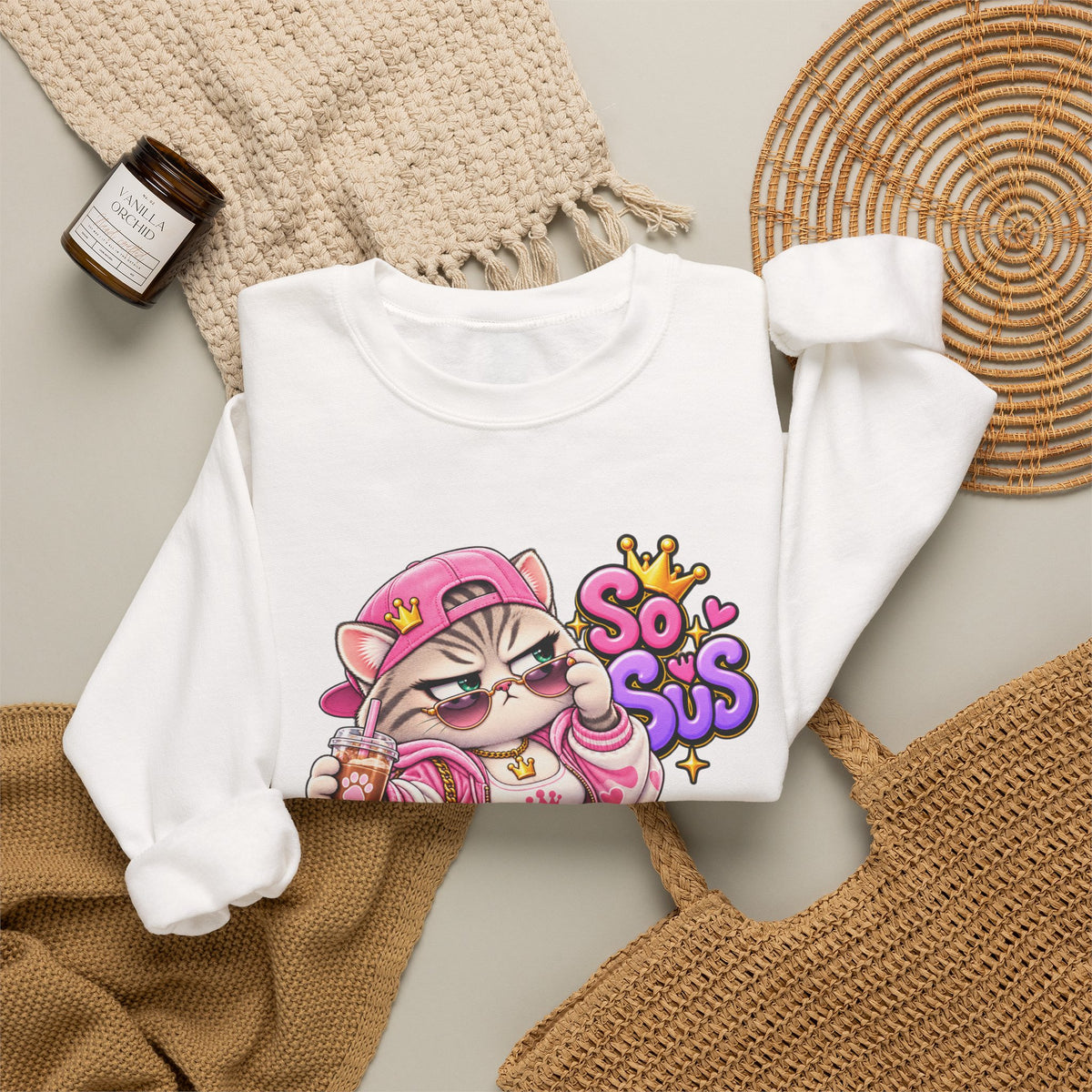 Cute Streetwear Cat Crewneck Sweatshirt — "So Sus" Graphic