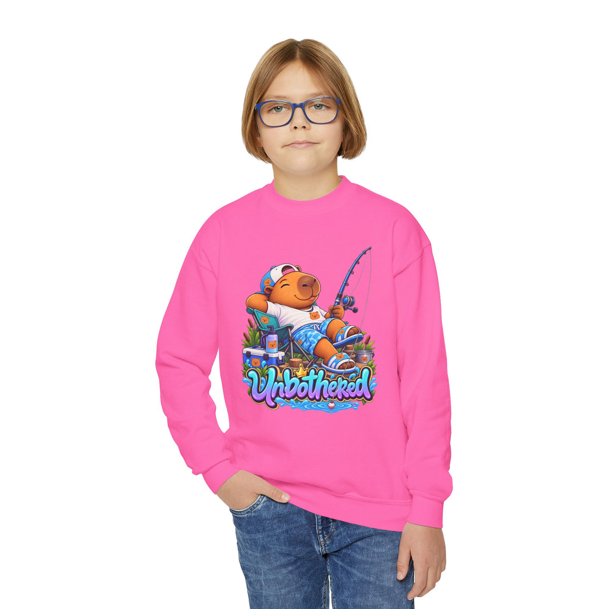 Youth Unbothered Fishing Capybara Crewneck Sweatshirt — "Whoothered" Cute Kids Fishing Graphic