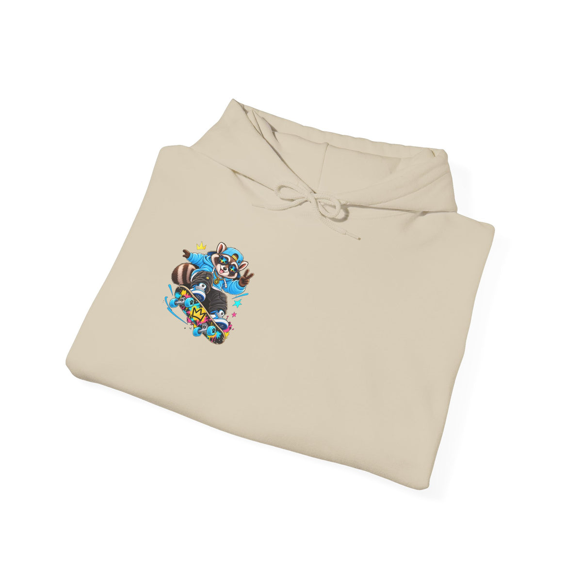 Skateboard Raccoon- Patch Hoodie — Colorful Marine Life Graphic