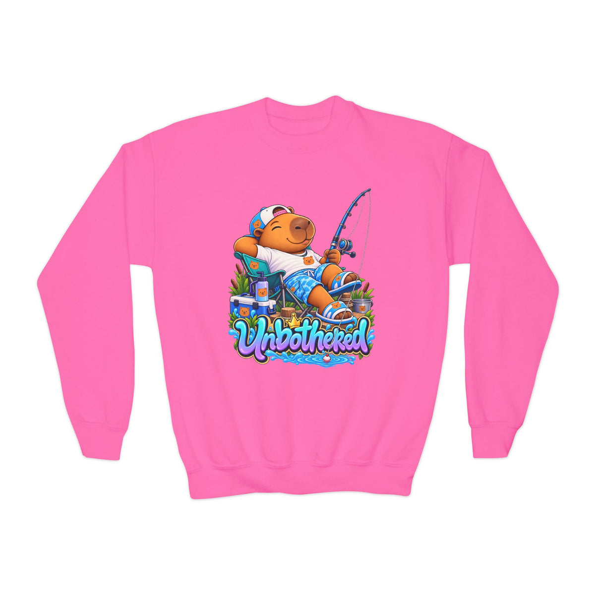 Youth Unbothered Fishing Capybara Crewneck Sweatshirt — "Whoothered" Cute Kids Fishing Graphic