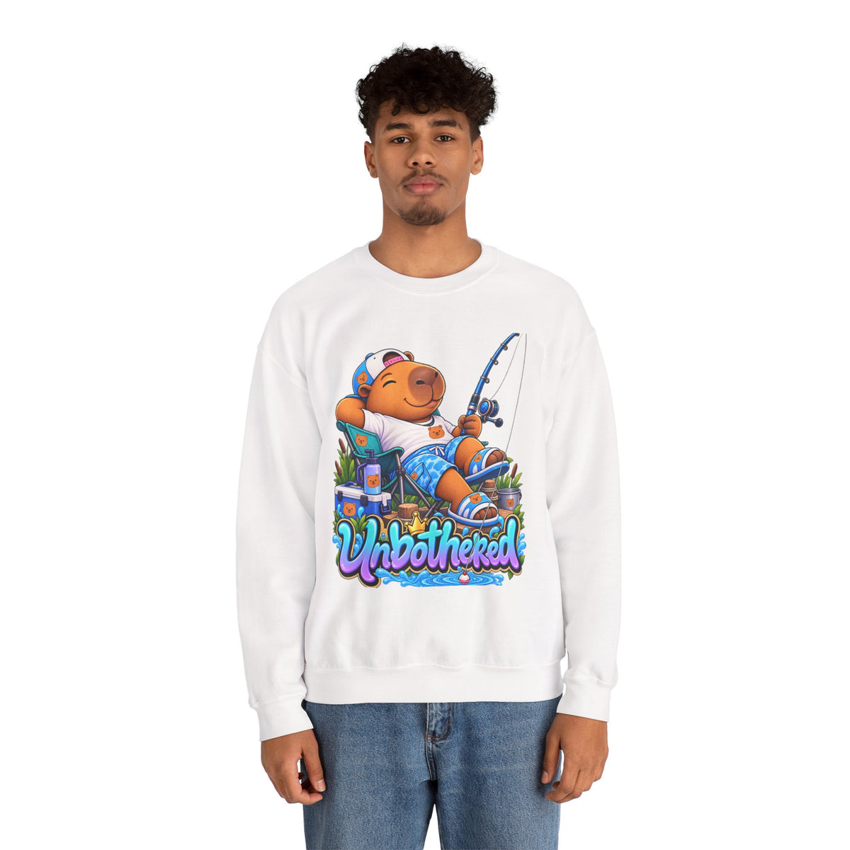 Unbothered Fishing Capybara Crewneck Sweatshirt