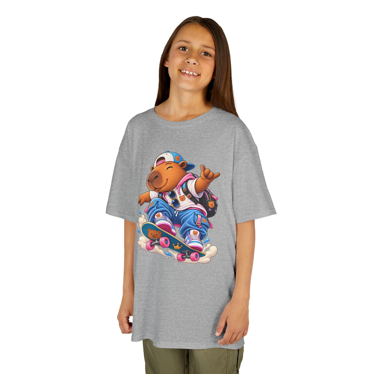 Kids Skateboarding Capybara Tee — Cute Skateboarder Graphic T-Shirt for Boys & Girls