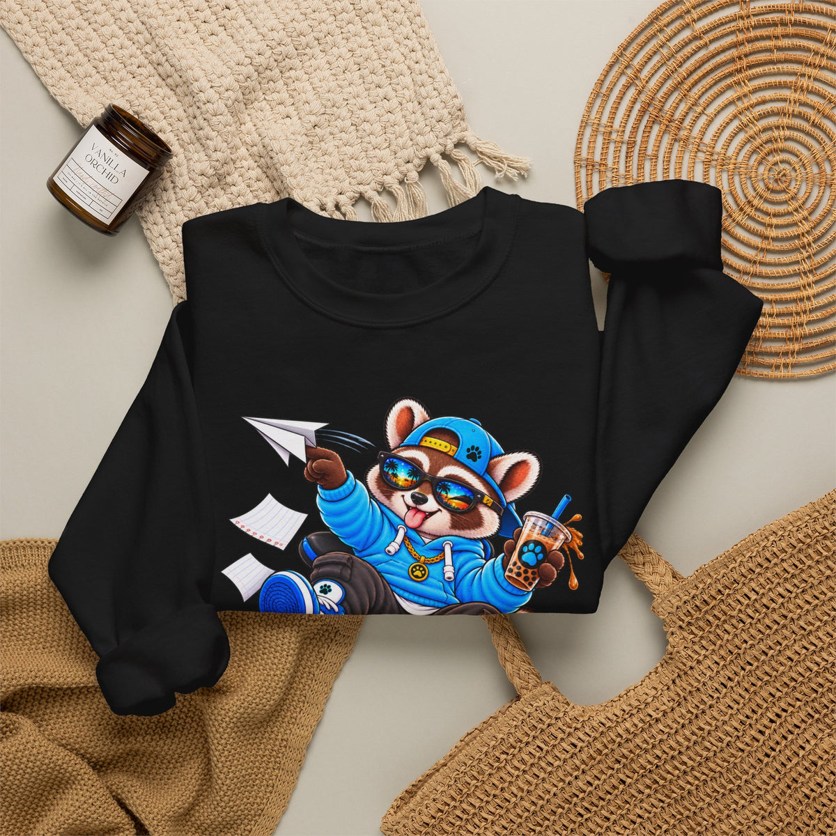 Mischievous Raccoon Crewneck Sweatshirt — Cute Kawaii Cartoon Graphic