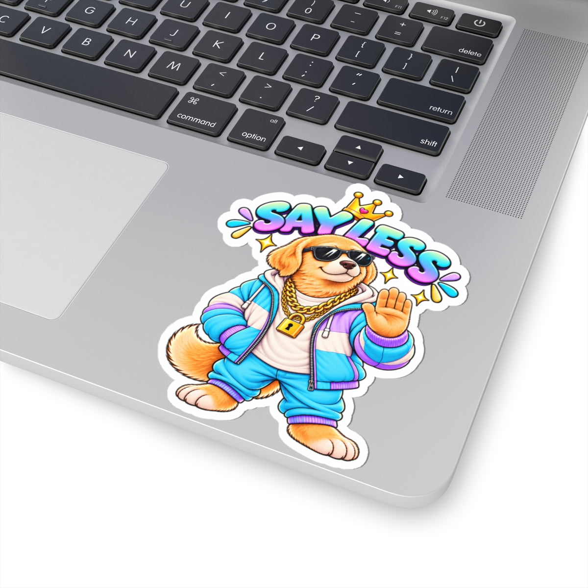 Cute Golden Retriever Sticker — 'Say Less' Dog Crown Vinyl Kiss-Cut Sticker for Laptops & Water Bottles