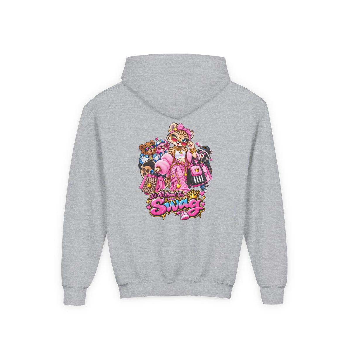 Youth Hoodie — Pink 'Swag' Cartoon Animal Squad Graphic