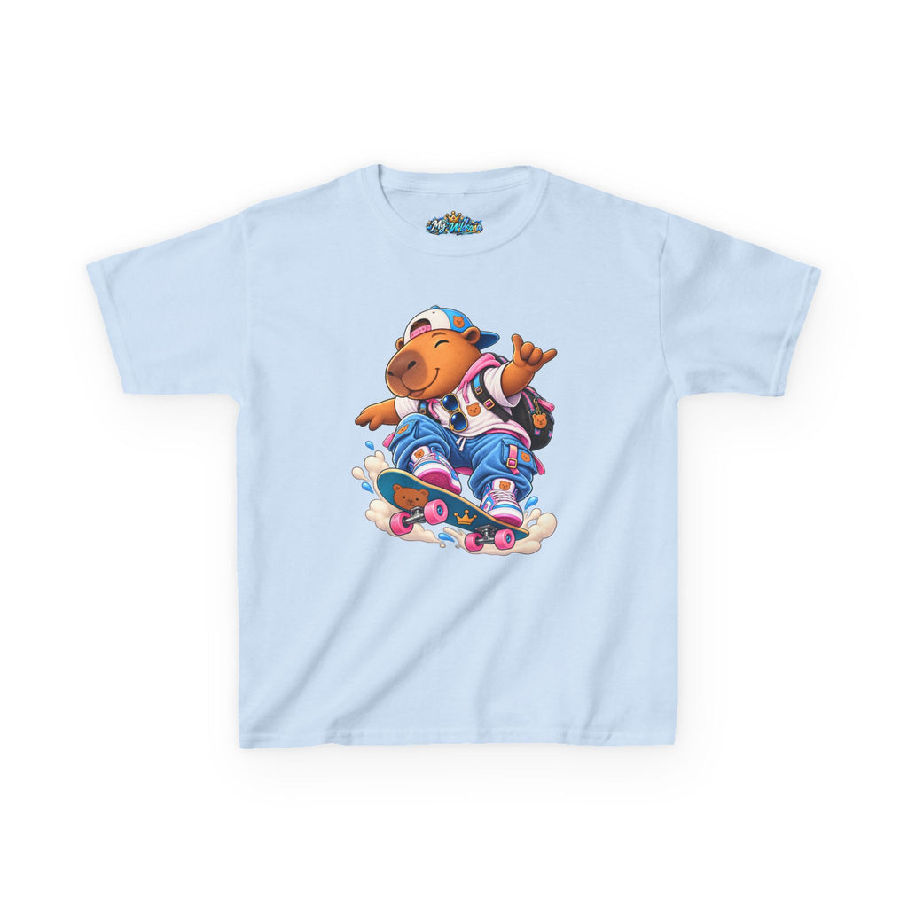 Kids Skateboarding Capybara Tee — Cute Skateboarder Graphic T-Shirt for Boys & Girls