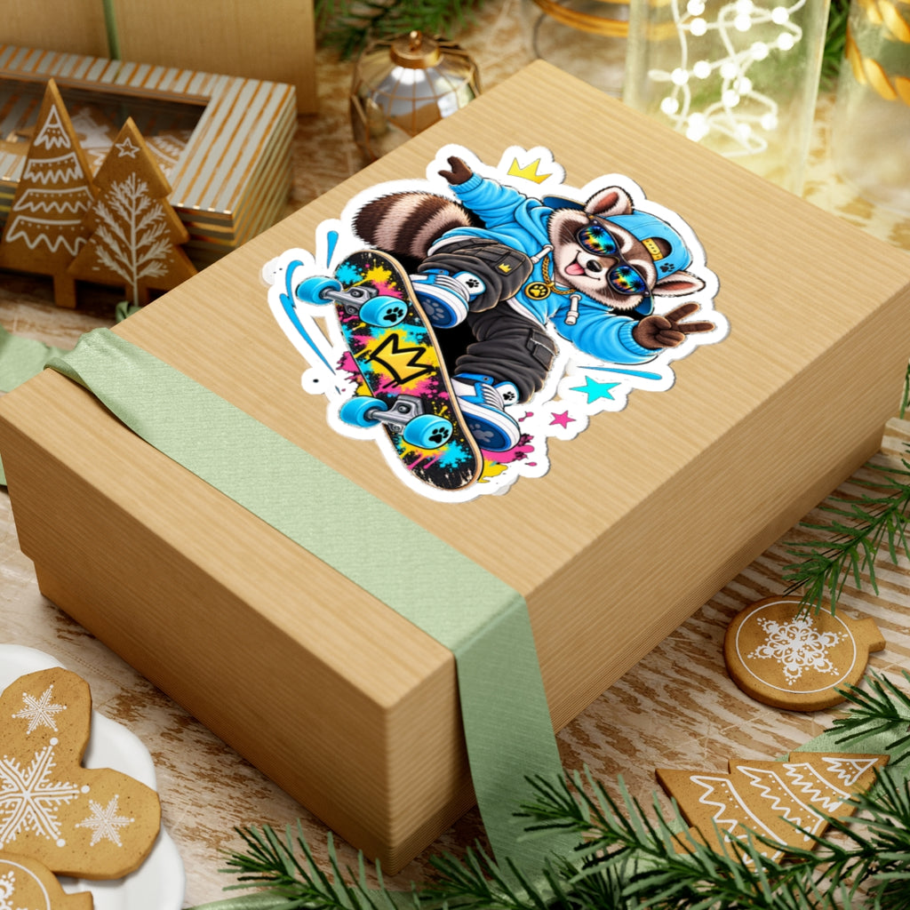Skateboard Raccoon Kiss-Cut Sticker — Cool Cartoon Laptop Decal