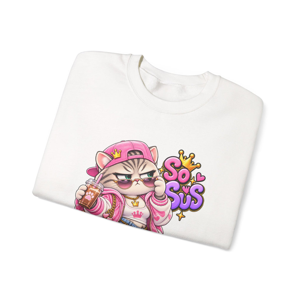 Cute Streetwear Cat Crewneck Sweatshirt — "So Sus" Graphic