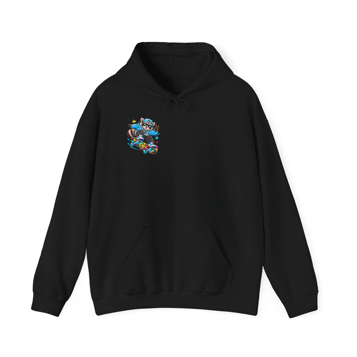 Skateboard Raccoon- Patch Hoodie — Colorful Marine Life Graphic