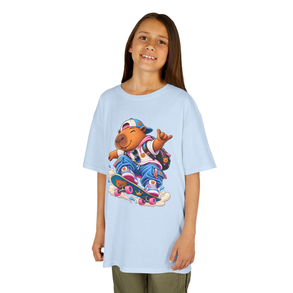 Kids Skateboarding Capybara Tee — Cute Skateboarder Graphic T-Shirt for Boys & Girls