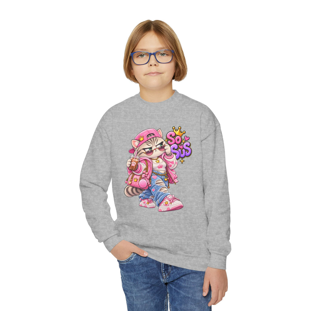 Youth Crewneck Sweatshirt — Cute Cat 'So Sus' Streetwear Graphic