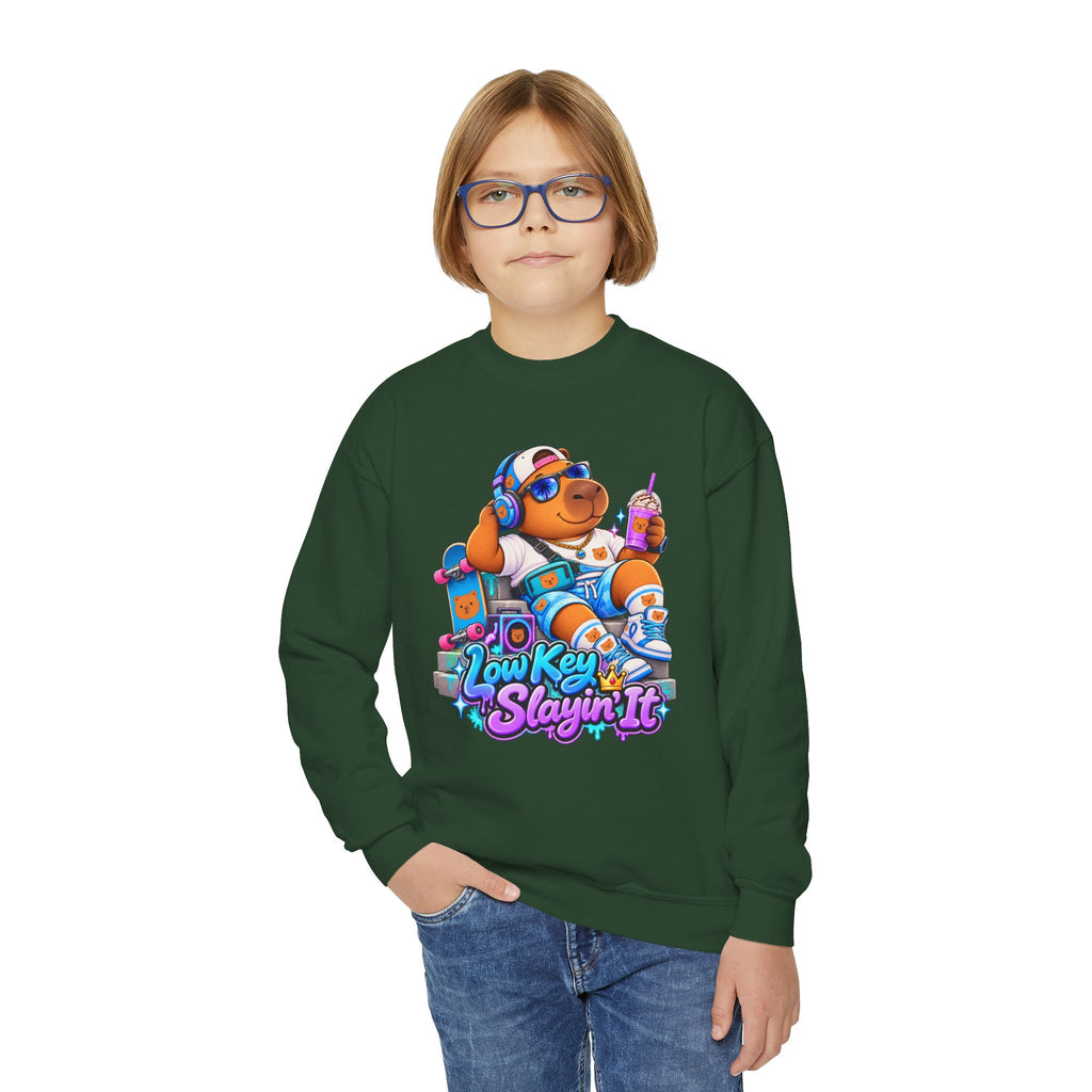 Youth Crewneck Sweatshirt — 'Low Key Slayin' It' Chill Capybara Lounge Pullover
