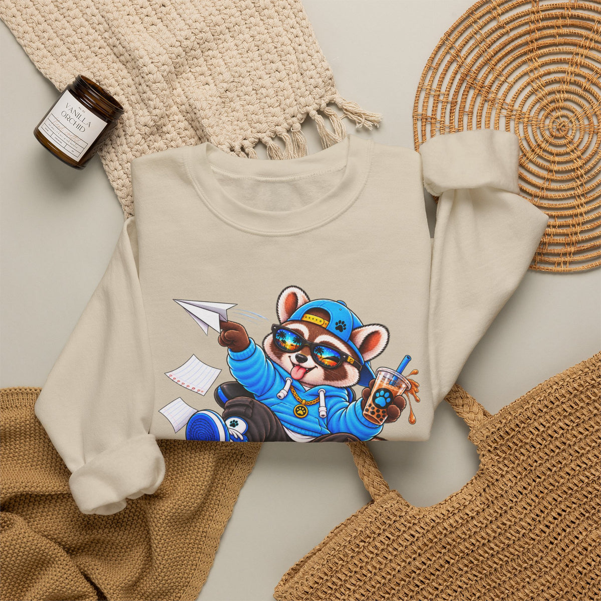 Mischievous Raccoon Crewneck Sweatshirt — Cute Kawaii Cartoon Graphic