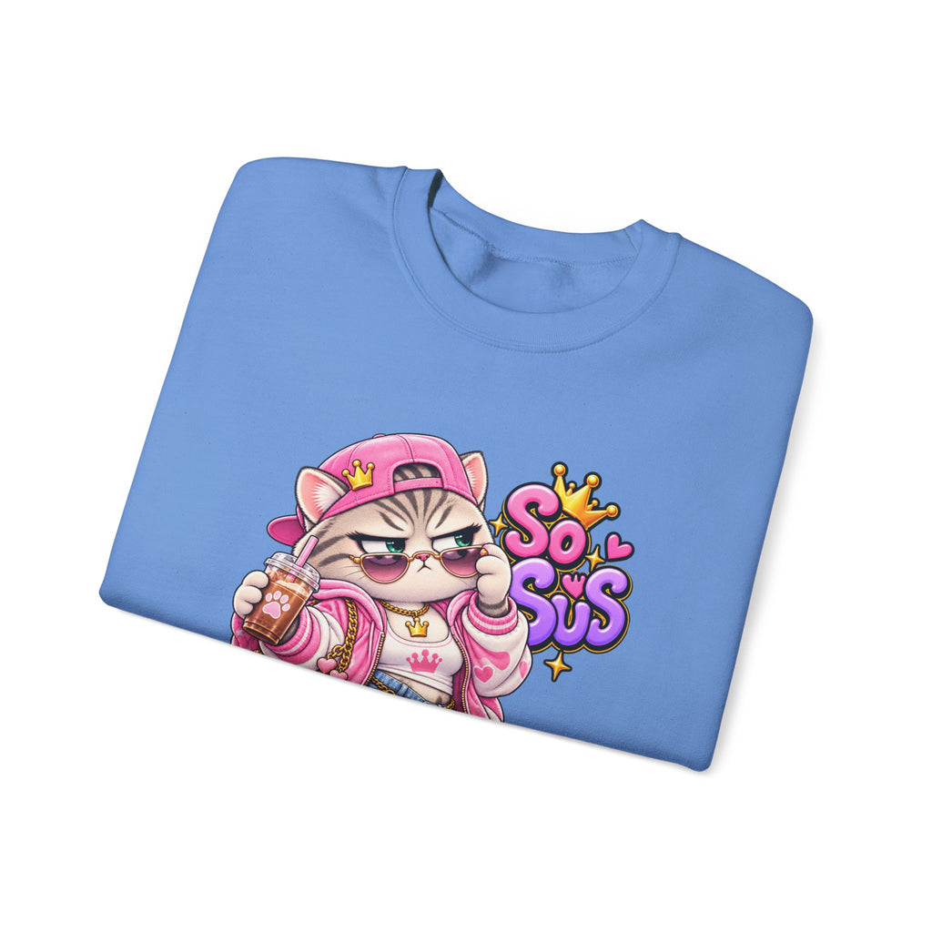 Cute Streetwear Cat Crewneck Sweatshirt — "So Sus" Graphic