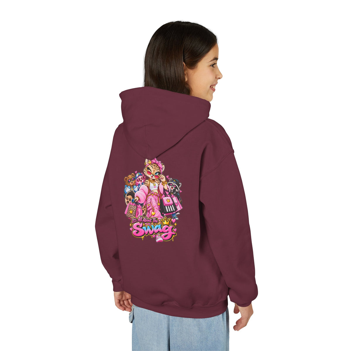 Youth Hoodie — Pink 'Swag' Cartoon Animal Squad Graphic