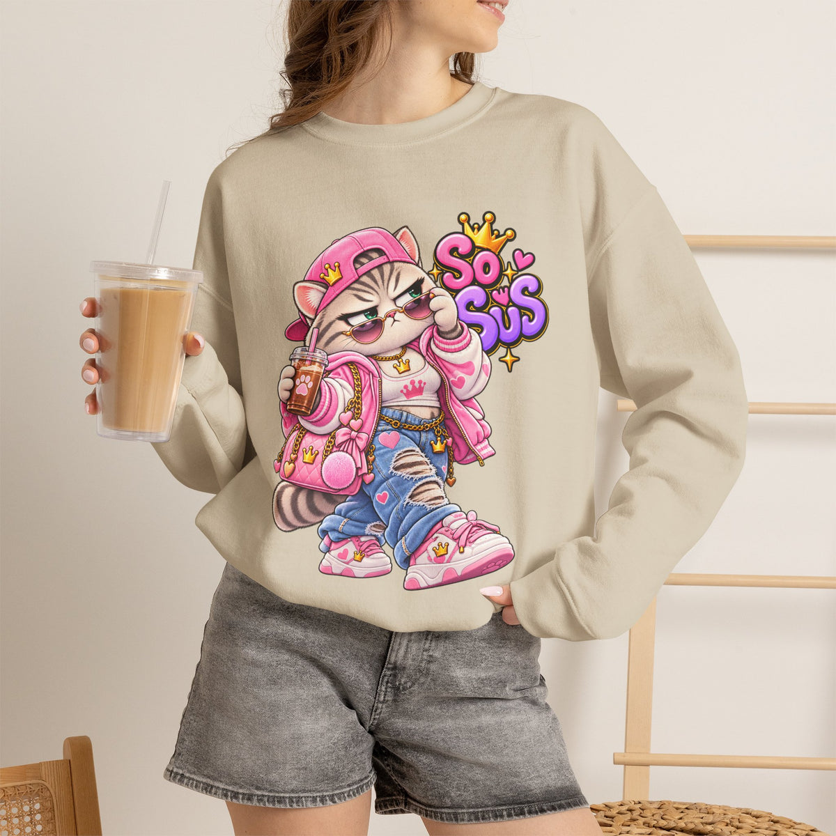 Cute Streetwear Cat Crewneck Sweatshirt — "So Sus" Graphic