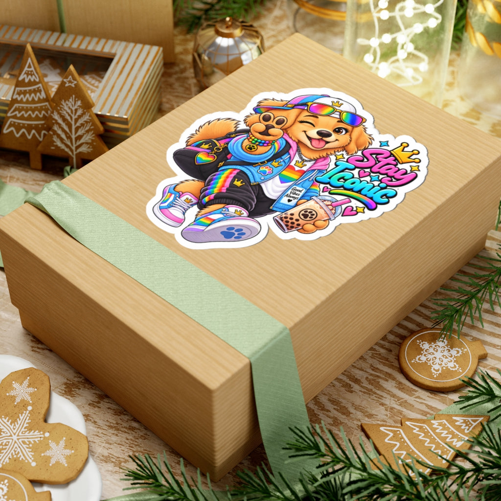 Cute Rainbow Dog Sticker — 'Good Vibes' Kiss-Cut Vinyl Laptop Decal
