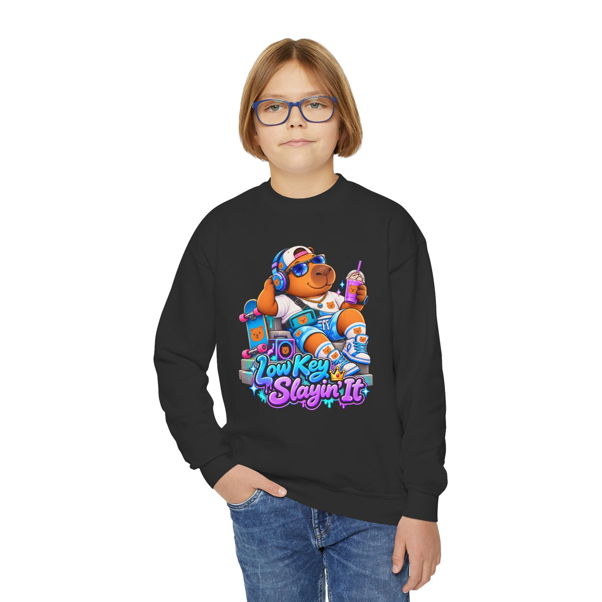 Youth Crewneck Sweatshirt — 'Low Key Slayin' It' Chill Capybara Lounge Pullover