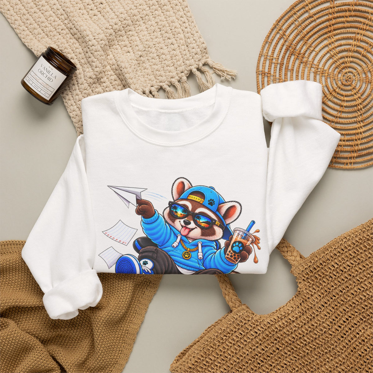 Mischievous Raccoon Crewneck Sweatshirt — Cute Kawaii Cartoon Graphic