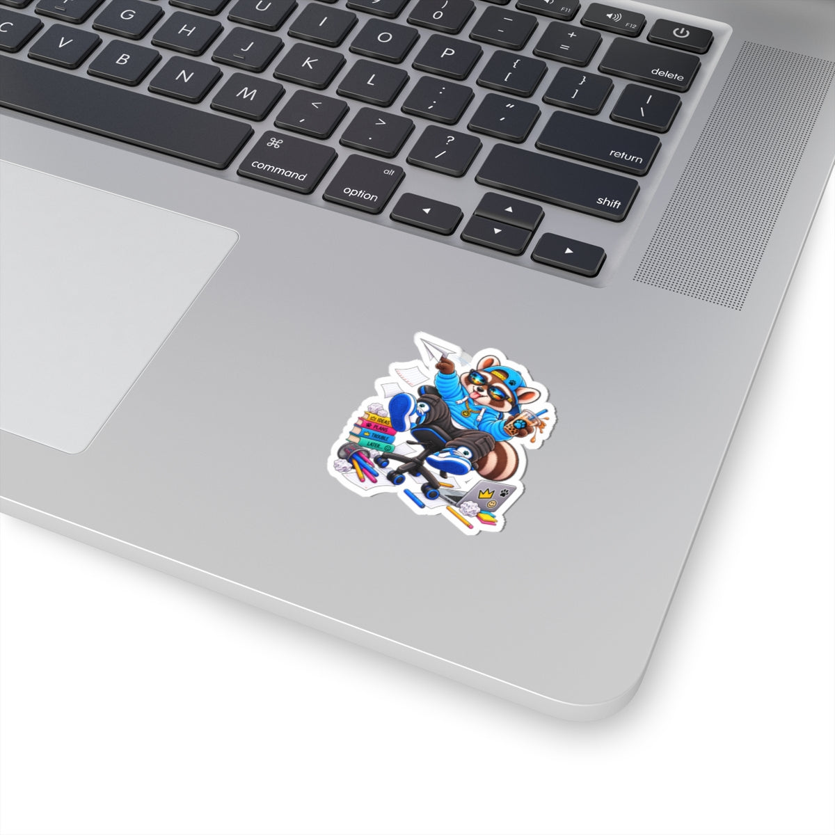 Cool Raccoon Sticker — Skate Office Gamer with Boba & Laptop