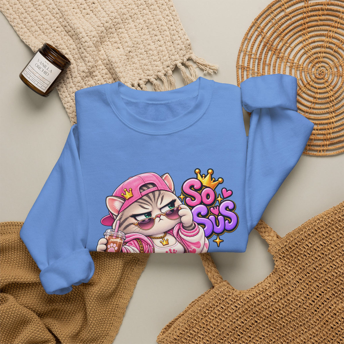 Cute Streetwear Cat Crewneck Sweatshirt — "So Sus" Graphic