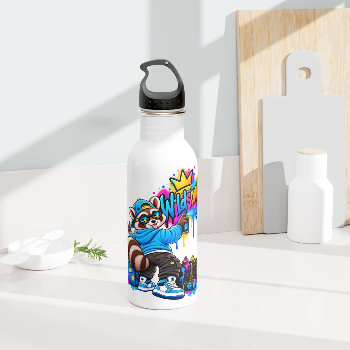Mischievous Raccoon Graffiti Stainless Steel Water Bottle – Urban Street Art Drink Bottle