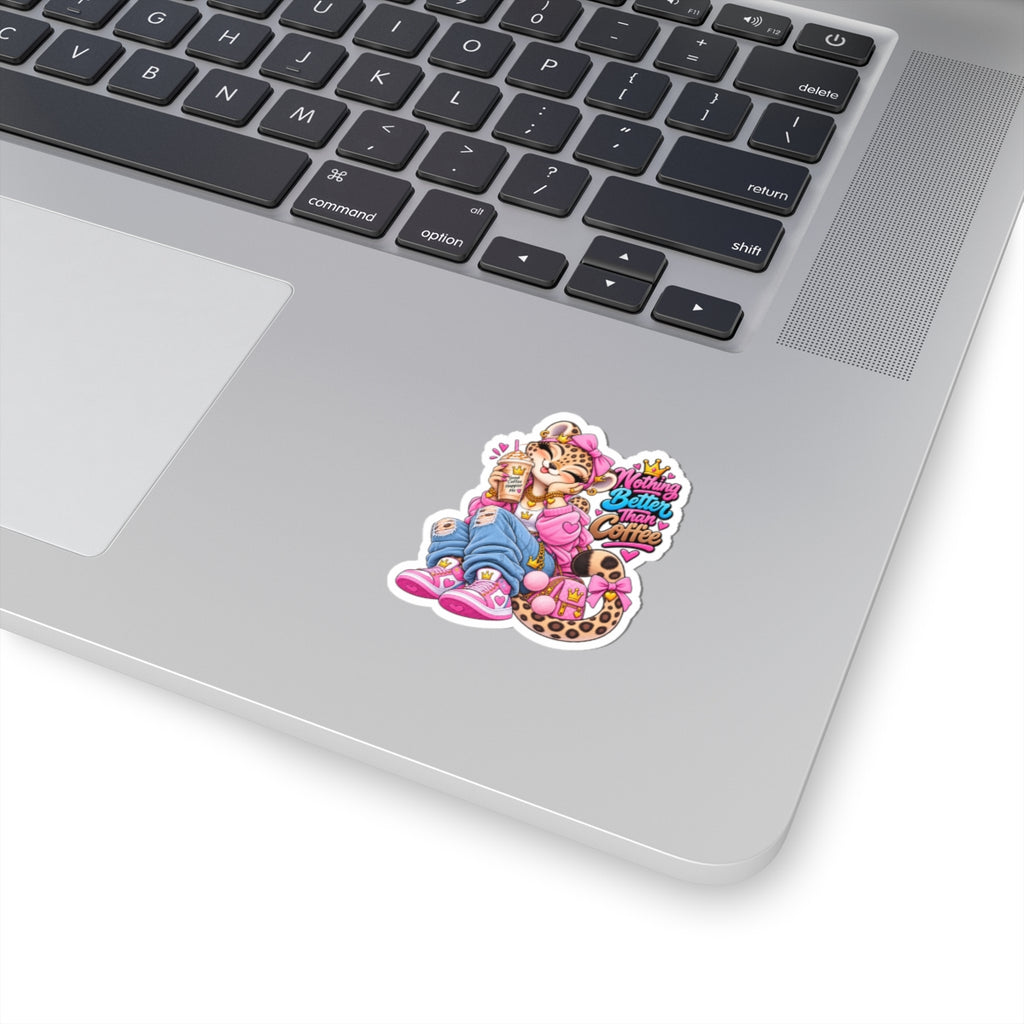 Sticker — 'Nothing Better Than Coffee' Cozy Leopard-Print Coffee Sticker